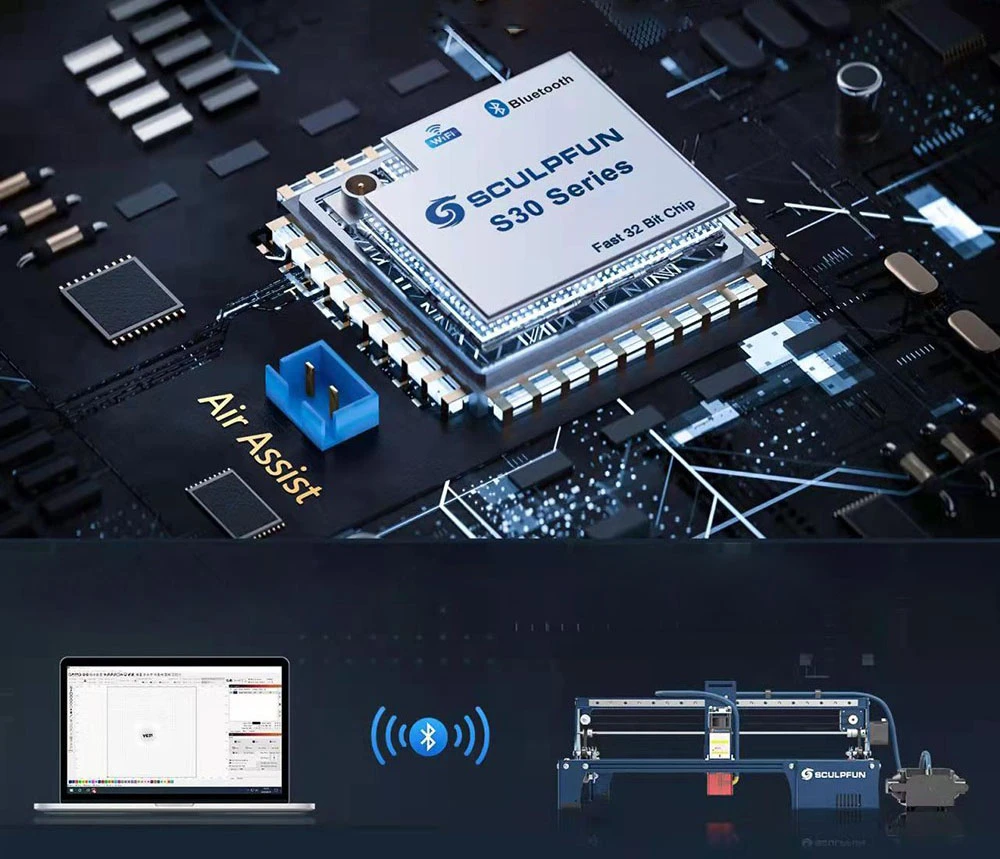 SCULPFUN S30 Pro 10W Laser Engraver Cutter, Automatic Air-assist, 0.06x0.08mm Laser Focus, 32-bit Motherboard, Replaceable Lens, 410x400mm, Expandable 935x905mm