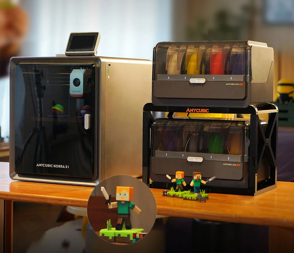 Imprimante 3D ANYCUBIC KOBRA S1 COMBO, impression 8 couleurs éclatantes, vitesse ultra-rapide de 600 mm/s, mise à niveau automatique, tête d'impression 320 °C, ultra-silencieuse 44 dB, construction CoreXY, 250 x 250 x 250 mm