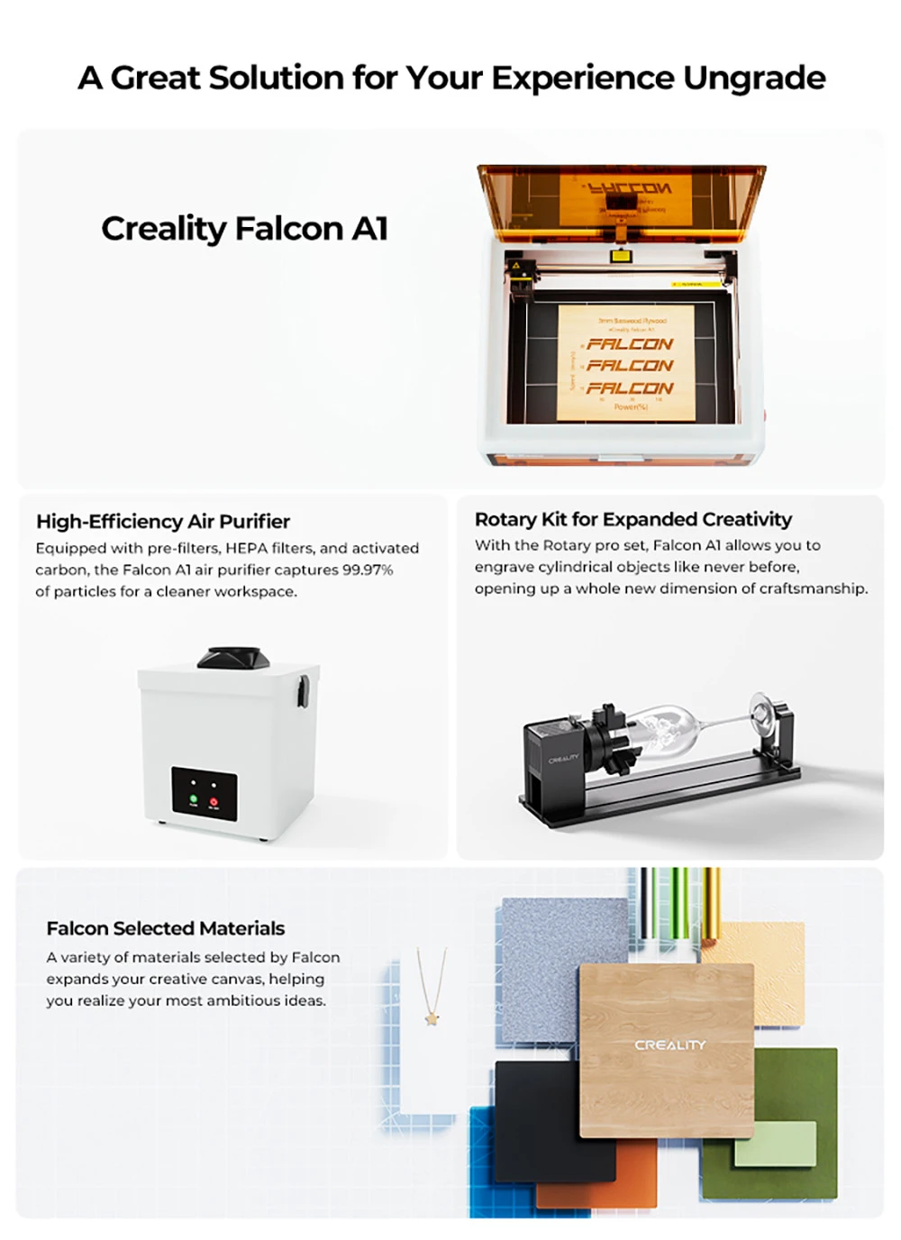 Creality Falcon A1 10W FDA Class 1 Laser, 600mm/s Fast Engraving, Built-in Camera, Smart Material Detection Eye-Protection Cover,  0.06 - 0.08mm Compressed Spot, Extraction Fan, 305*381mm