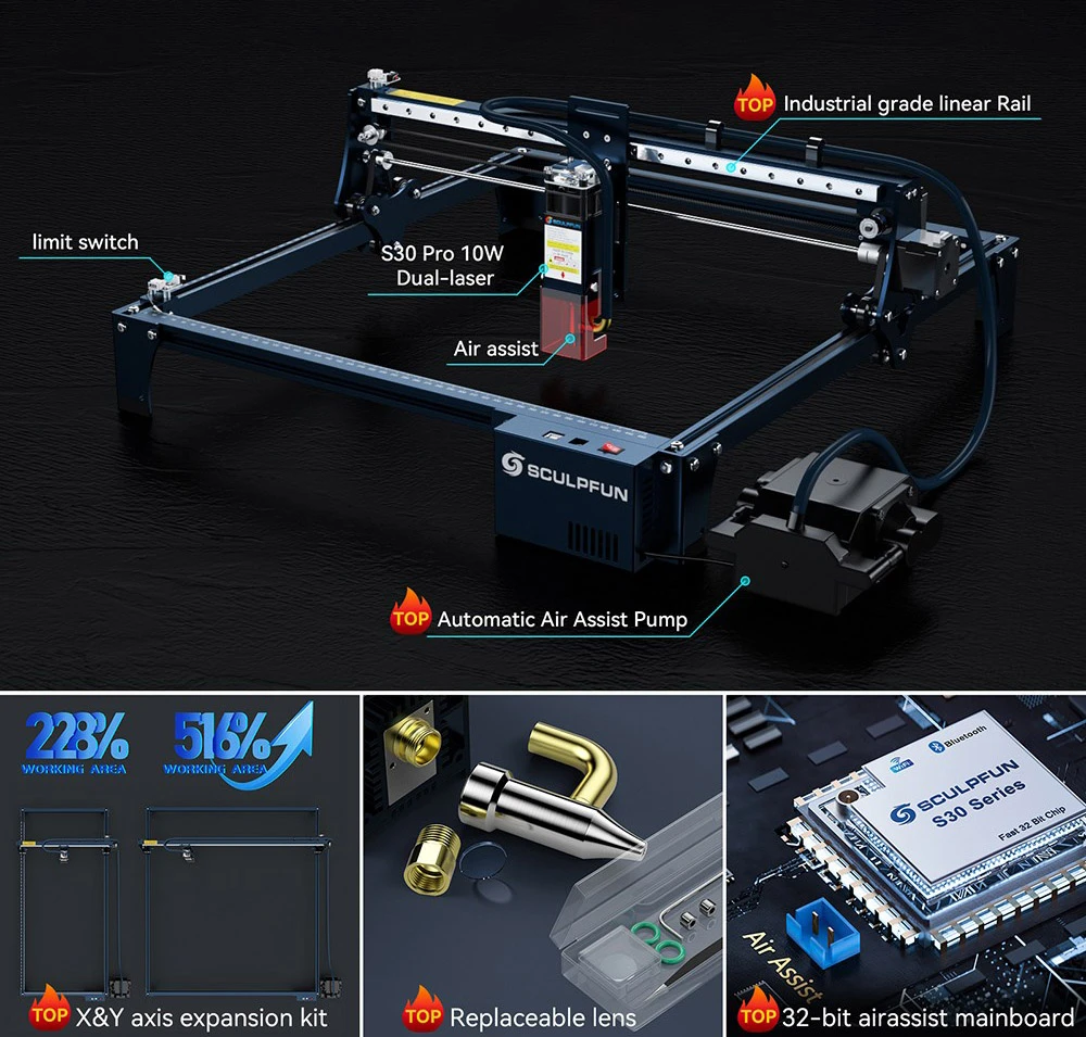 SCULPFUN S30 Pro 10W Laser Engraver Cutter, Automatic Air-assist, 0.06x0.08mm Laser Focus, 32-bit Motherboard, Replaceable Lens, 410x400mm, Expandable 935x905mm