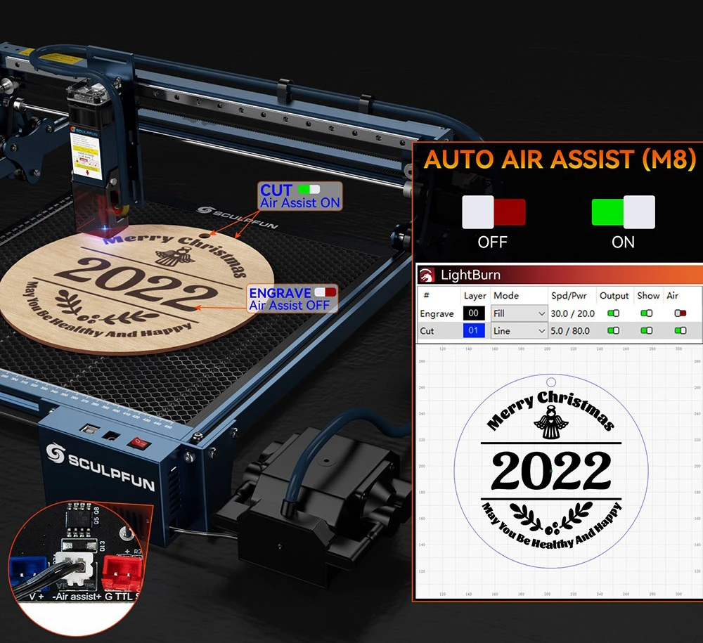 SCULPFUN S30 Pro 10W Laser Engraver Cutter, Automatic Air-assist, 0.06x0.08mm Laser Focus, 32-bit Motherboard, Replaceable Lens, 410x400mm, Expandable 935x905mm