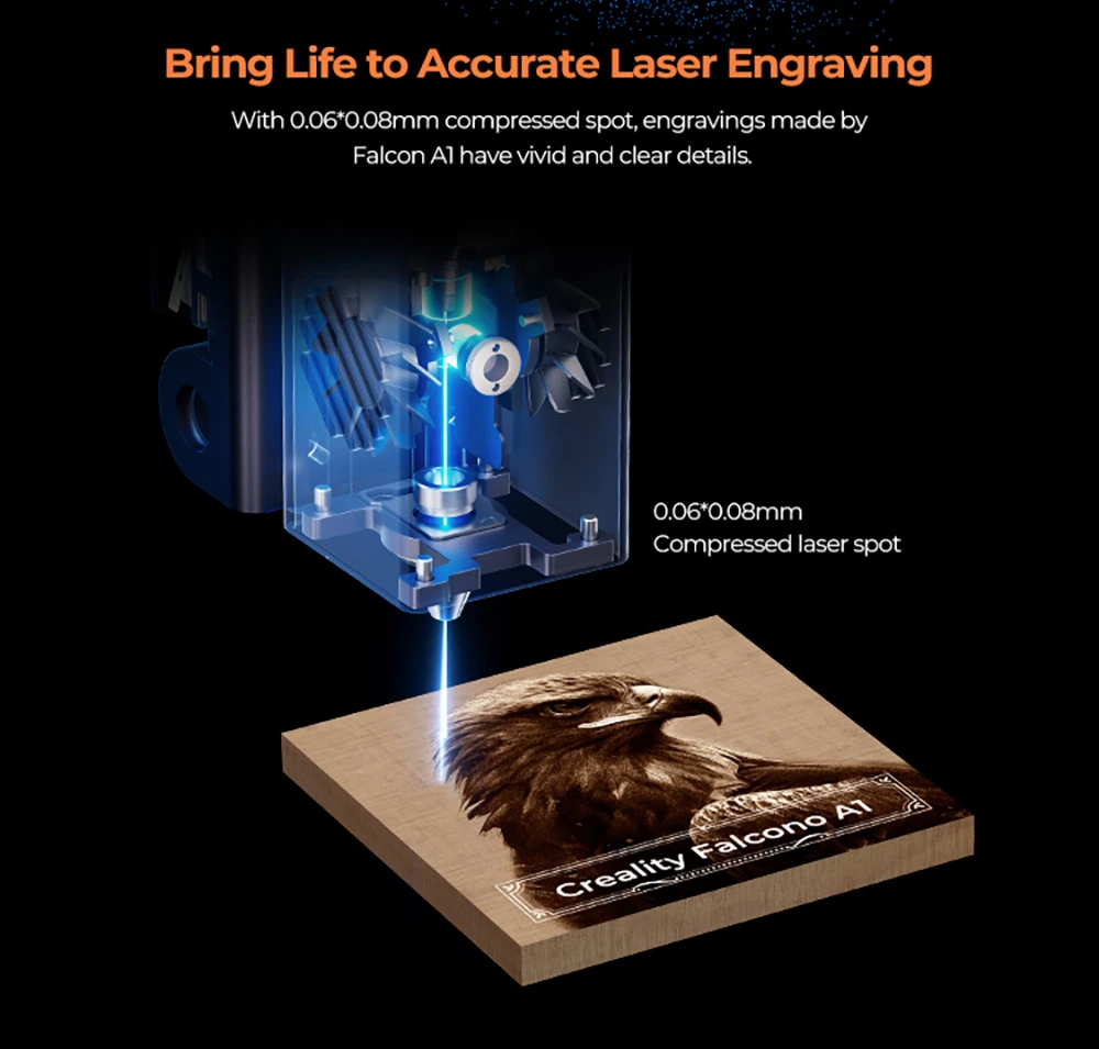 Creality Falcon A1 10W FDA Class 1 Laser, 600mm/s Fast Engraving, Built-in Camera, Smart Material Detection Eye-Protection Cover,  0.06 - 0.08mm Compressed Spot, Extraction Fan, 305*381mm