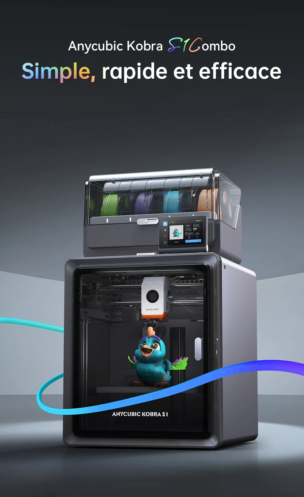 Imprimante 3D ANYCUBIC KOBRA S1 COMBO, impression 8 couleurs éclatantes, vitesse ultra-rapide de 600 mm/s, mise à niveau automatique, tête d'impression 320 °C, ultra-silencieuse 44 dB, construction CoreXY, 250 x 250 x 250 mm