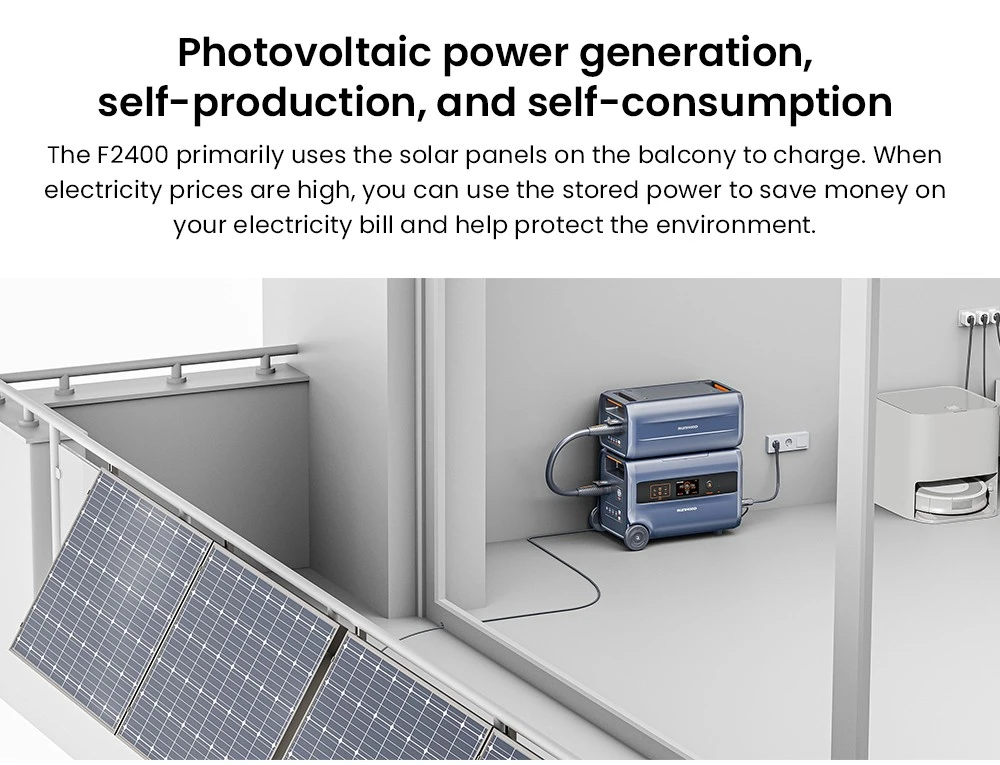 Centrale électrique portable RUNHOOD F2400, batterie LiFePO4 2400 W 2400 Wh, puissance de crête 4800 W, générateur extérieur, système de stockage d'énergie pour balcon