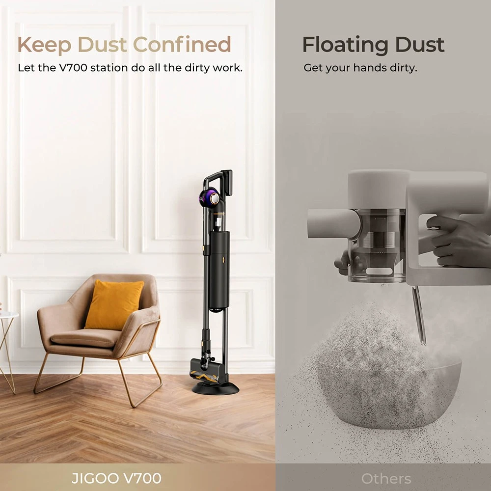 JIGOO V700 Cordless Vacuum Cleaner with 2.5 L Suction Station, Automatic Dust Emptying, 33KPa Suction Power, Anti-Tangle Brush, Dual LED Illumination, Up to 55 Minutes Runtime, Ideal for Hard Floor, Carpet, Pet