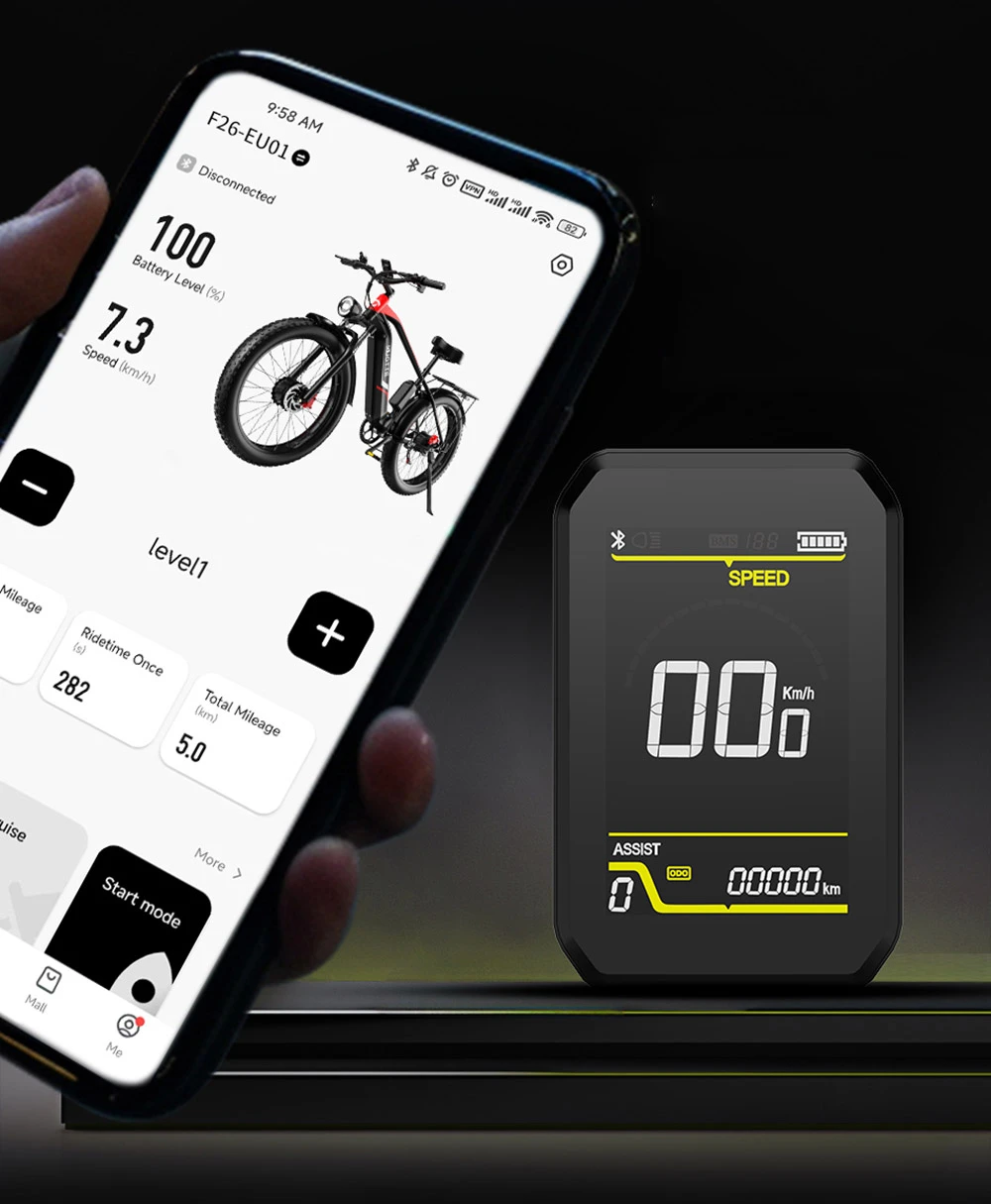 DUOTTS F26 Mountain Bike Elettrica 750W*2 Doppi Motori Batteria 48V 20Ah Pneumatici Fat 26*4.0 Pollici Velocità Massima 55Km/h Salita a 55 Gradi Display a Colori Intelligente Doppi Freni a Disco Assorbimento Ammortizzatore Anteriore Carico Massimo 150KG Autonomia 100KM - Nero