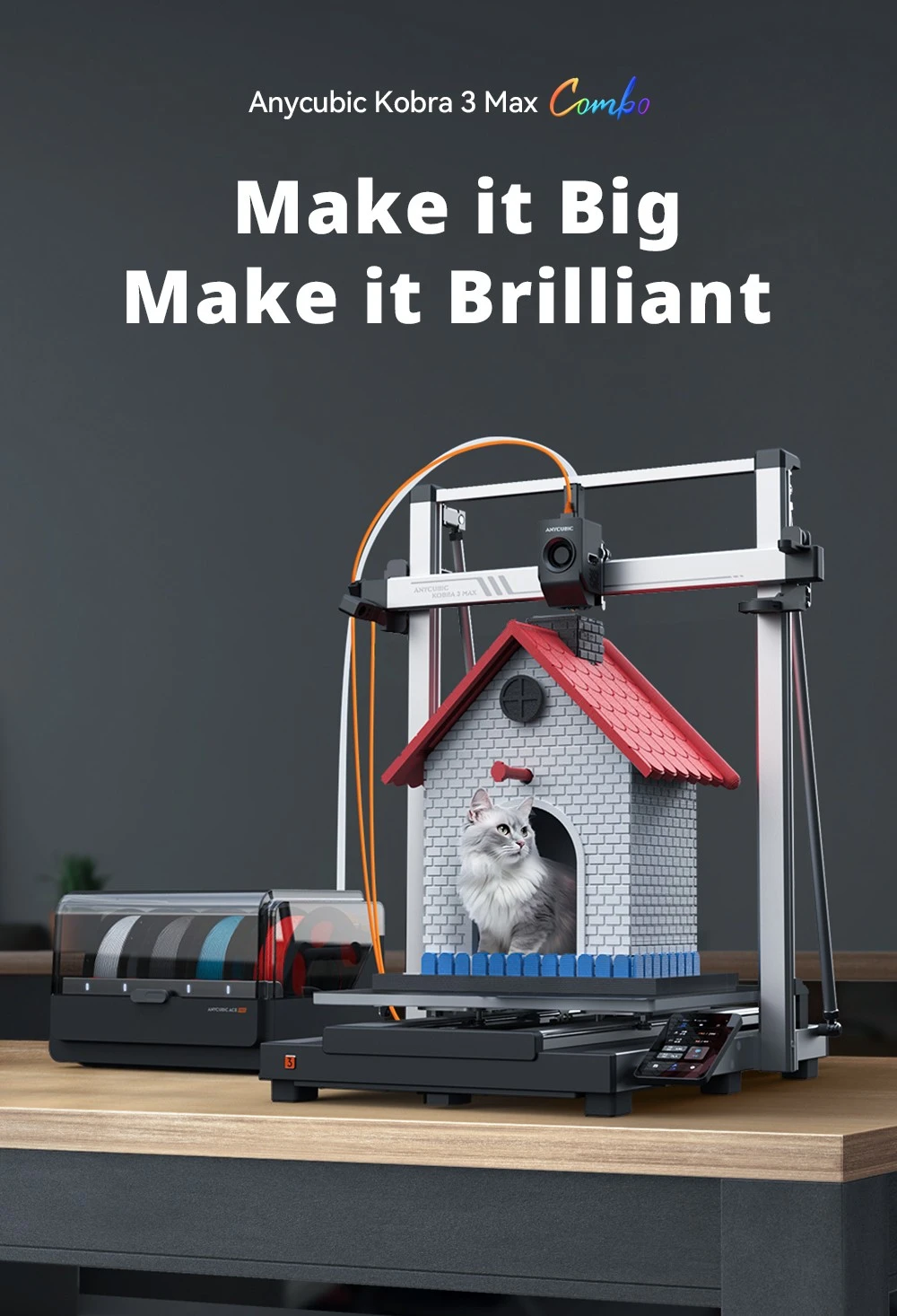 Imprimante 3D Anycubic Kobra 3 Max Combo, impression jusqu'à 8 couleurs, moteur couleur ACE Pro, impression haute vitesse 600 mm/s, mise à niveau automatique et anti-perte de pas, 420 x 420 x 500 mm