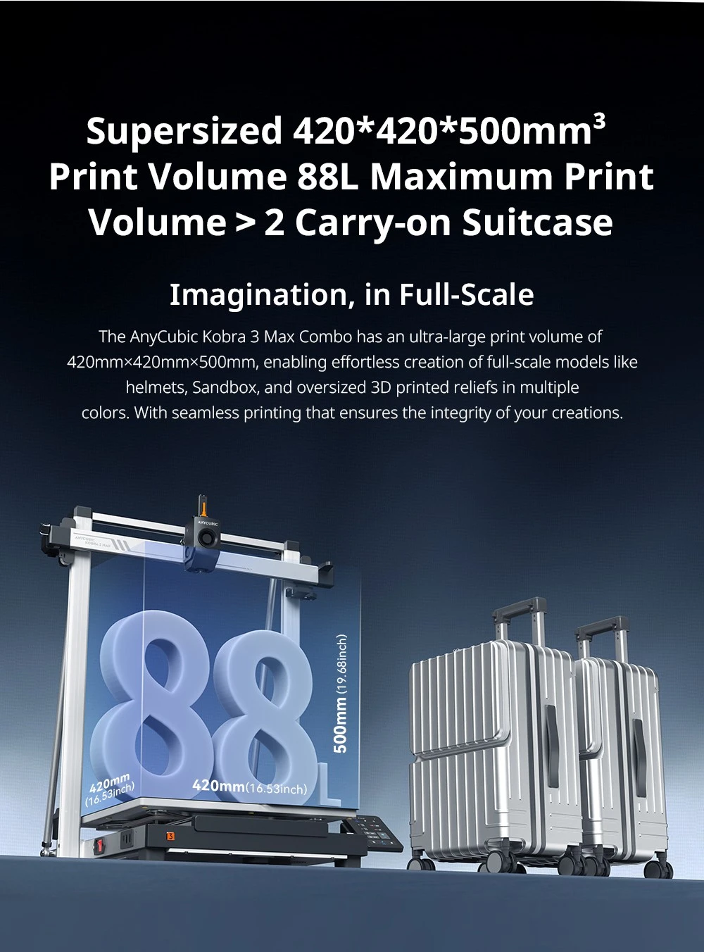 Imprimante 3D Anycubic Kobra 3 Max Combo, impression jusqu'à 8 couleurs, moteur couleur ACE Pro, impression haute vitesse 600 mm/s, mise à niveau automatique et anti-perte de pas, 420 x 420 x 500 mm