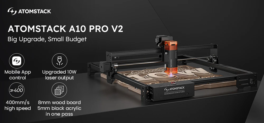 AtomStack A10 Pro V2 10W Laser Engraver, 400mm/s High Speed, 0.01mm Precision, 0.06*0.08mm Spot, 410*380mm