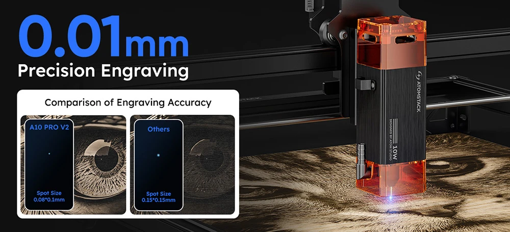 AtomStack A10 Pro V2 10W Laser Engraver, 400mm/s High Speed, 0.01mm Precision, 0.06*0.08mm Spot, 410*380mm