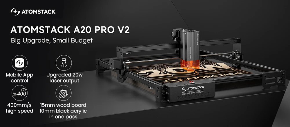 AtomStack A20 Pro V2 20W Laser Engraver, 400mm/s High Speed, 0.01mm Precision, 0.08 x 0.1mm Spot, 400*365mm