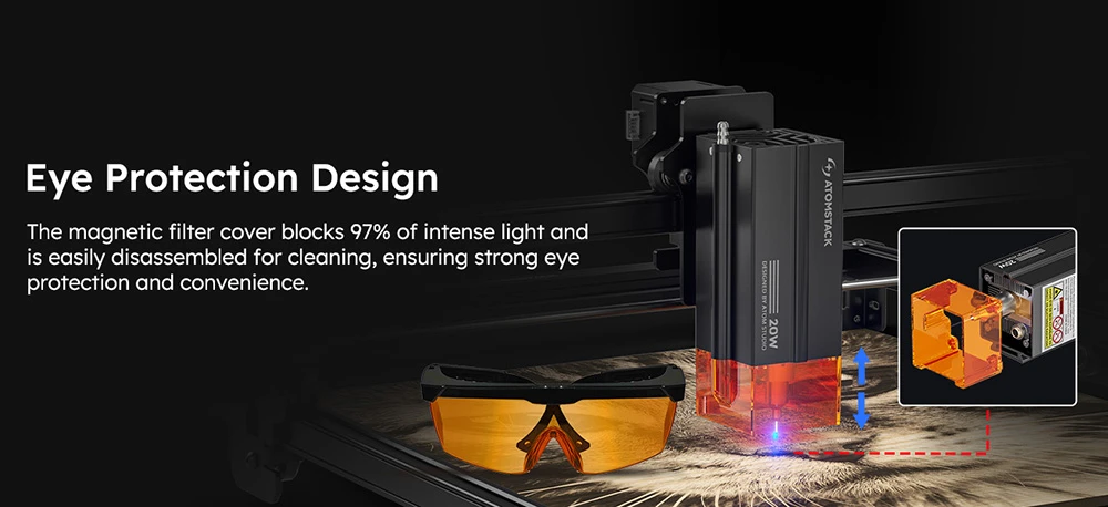 AtomStack A20 Pro V2 20W Laser Engraver, 400mm/s High Speed, 0.01mm Precision, 0.08 x 0.1mm Spot, 400*365mm