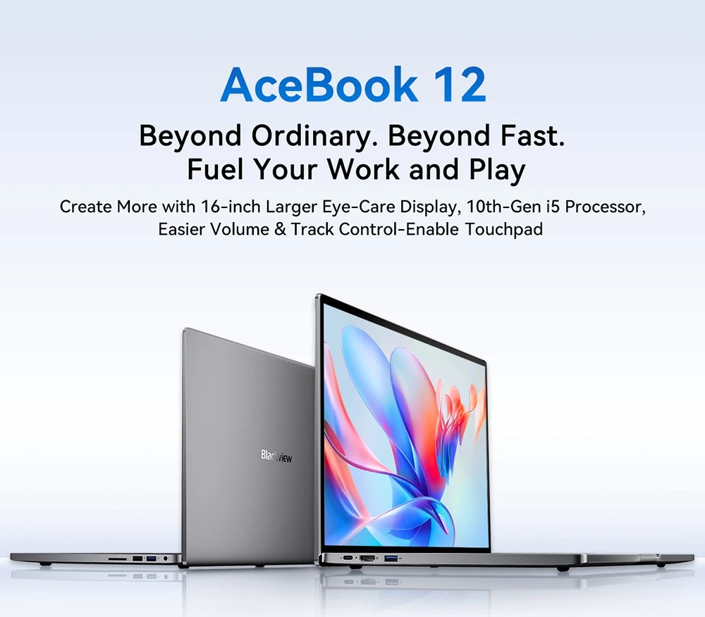 Blackview Acebook 12 Laptop, 16 inch 1920*1200 IPS Screen, Intel Core i5-1030NG7 4 Cores Max 3.5GHz, 16GB RAM 512GB SSD, WiFi 5 Bluetooth 4.2, 1*Full-featured Type-C, 2* USB 3.2, 1* USB 2.0, 1* HDMI, 1* SD Card, 1* Audio Jack, 57Wh Battery