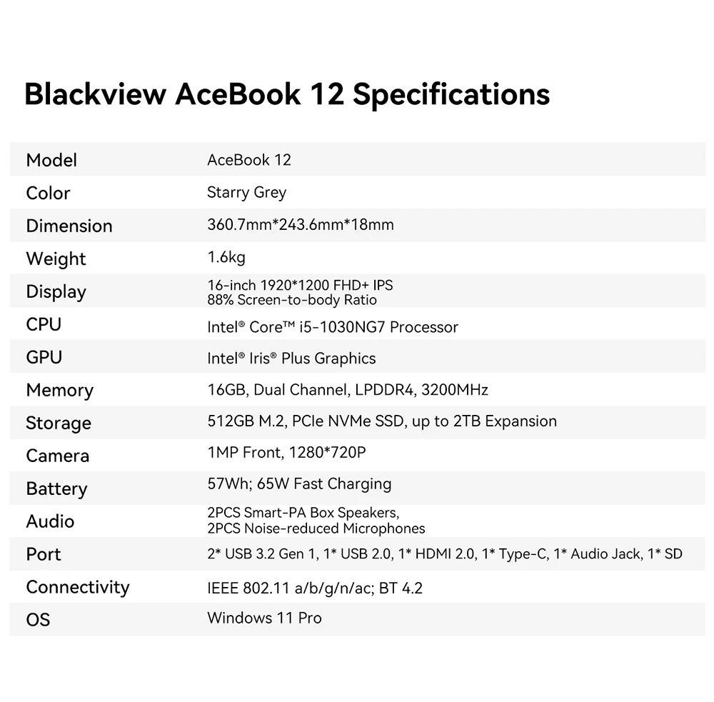 Blackview Acebook 12 Laptop, 16 inch 1920*1200 IPS Screen, Intel Core i5-1030NG7 4 Cores Max 3.5GHz, 16GB RAM 512GB SSD, WiFi 5 Bluetooth 4.2, 1*Full-featured Type-C, 2* USB 3.2, 1* USB 2.0, 1* HDMI, 1* SD Card, 1* Audio Jack, 57Wh Battery