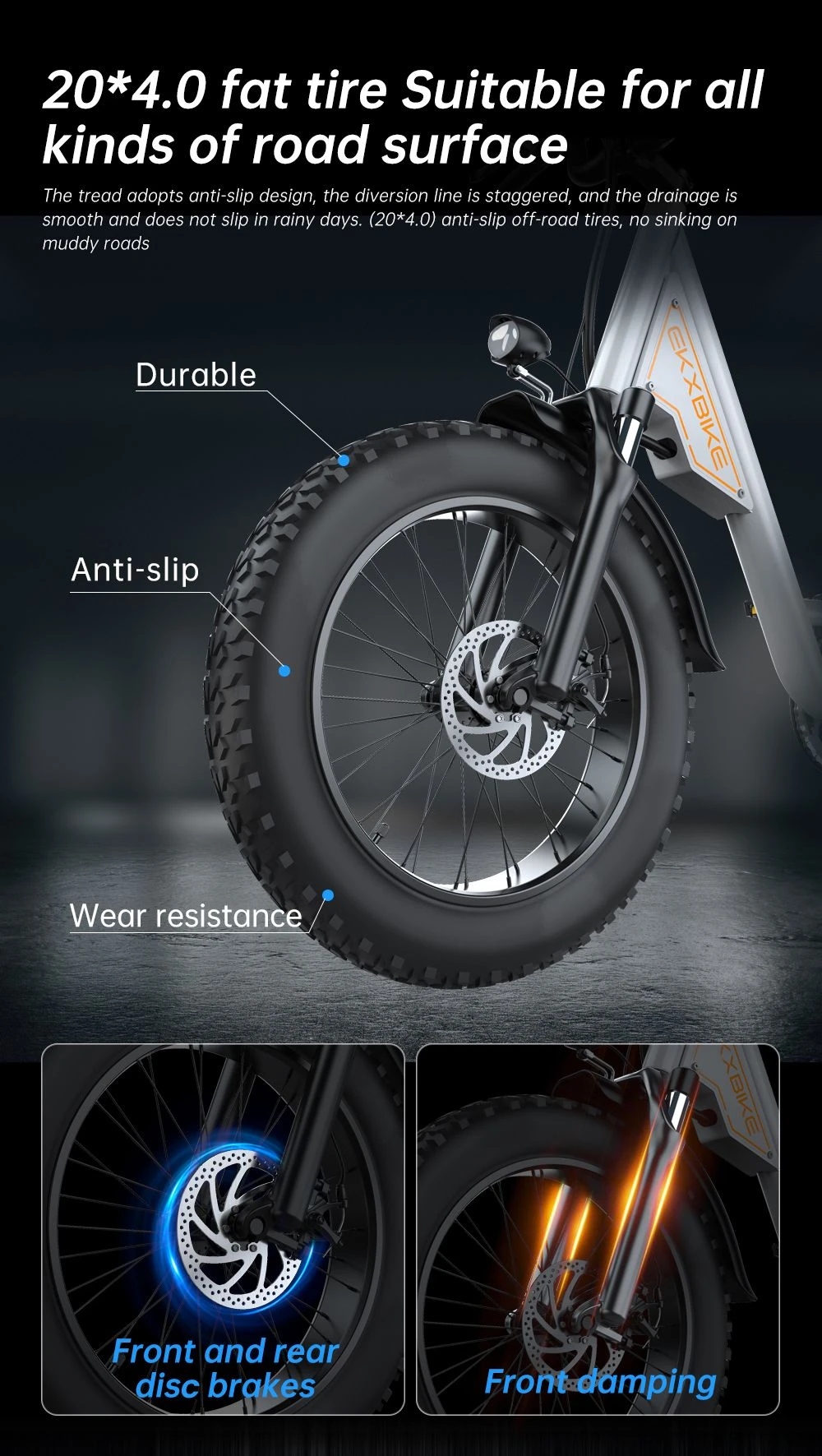 EKXBIKE L1 Electric Bike, 1000W Motor, 48V 15.6Ah Battery, 20*4 inch Fat Tire, 55km/h Max Speed, 80km Range, Disc Brake, Front & Rear Suspension,