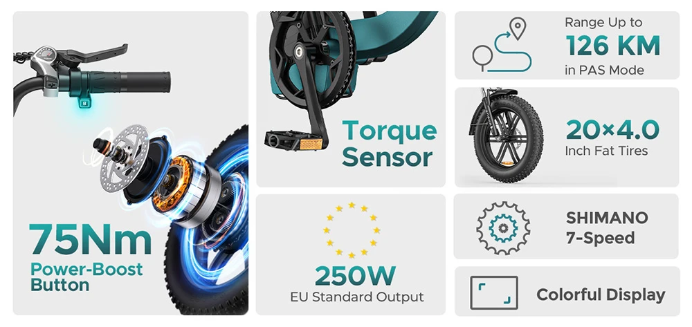 Vélo électrique ENGWE L20 BOOST, moteur 250 W, batterie 48 V 13 Ah, pneus larges 20 x 4 pouces, vitesse maximale 25 km/h, autonomie maximale 126 km, capteur de couple, Shimano 7 vitesses, suspension de fourche avant, freins à disque mécaniques - Noir