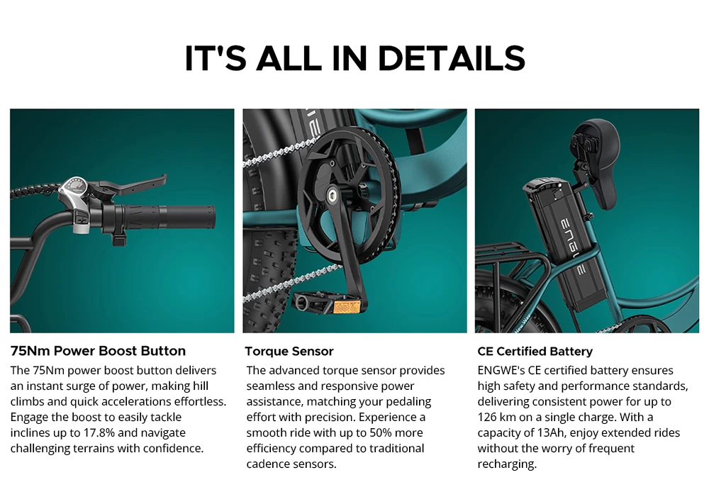 Vélo électrique ENGWE L20 BOOST, moteur 250 W, batterie 48 V 13 Ah, pneus larges 20 x 4 pouces, vitesse maximale 25 km/h, autonomie maximale 126 km, capteur de couple, Shimano 7 vitesses, suspension de fourche avant, freins à disque mécaniques - Noir