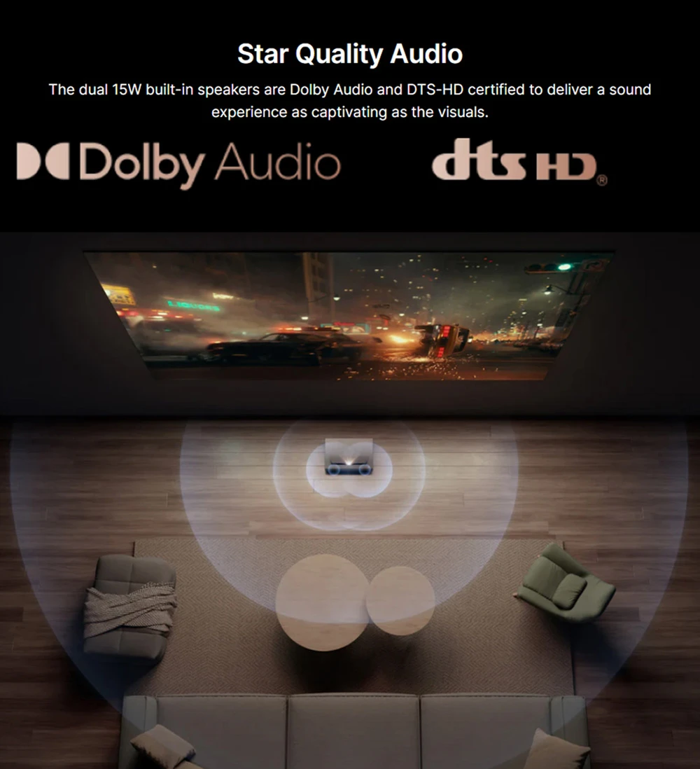 Formovie Cinema Edge 4K lézer projektor, 2100 ISO lumen, Google TV, beépített Netflix, Dolby Audio, 2*15W hangszórók, HDR10, WiFi 6