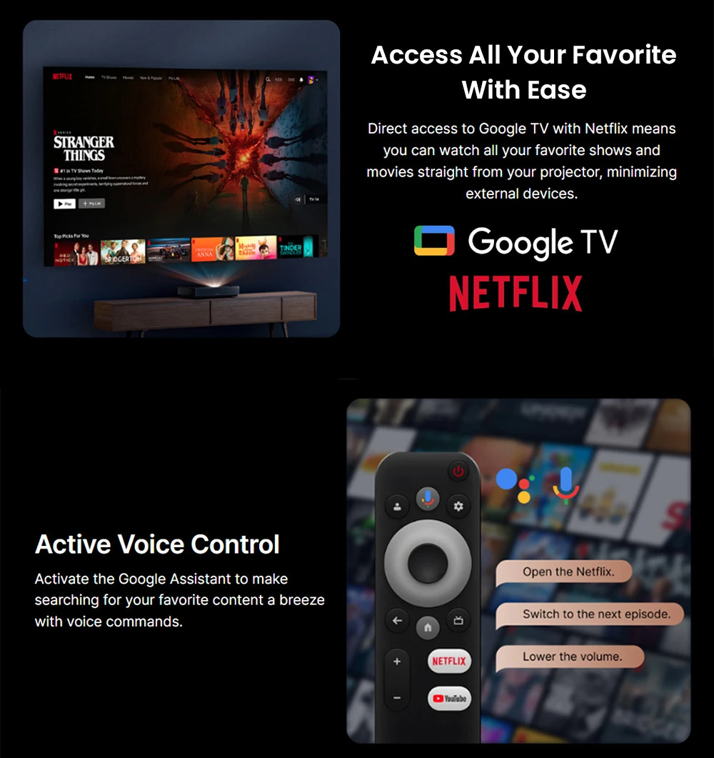 Formovie Cinema Edge 4K lézer projektor, 2100 ISO lumen, Google TV, beépített Netflix, Dolby Audio, 2*15W hangszórók, HDR10, WiFi 6