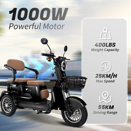 Freejoyer FV6 Electric Tricycle, 1000W Motor, 60V 20Ah Battery, 10*3 inch Tire, 25km/h Max Speed, 55km Range, Front Disc Brake & Rear Drum Brake, Hydraulic Front Fork - Black