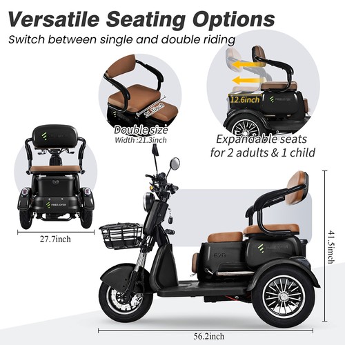 Freejoyer FV6 Electric Tricycle, 1000W Motor, 60V 20Ah Battery, 10*3 inch Tire, 25km/h Max Speed, 55km Range, Front Disc Brake & Rear Drum Brake, Hydraulic Front Fork - Black