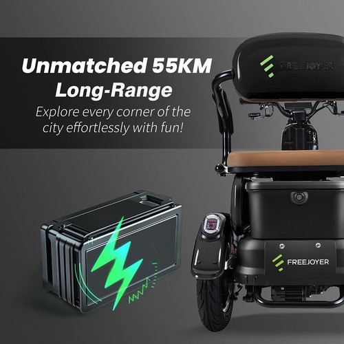 Freejoyer FV6 Electric Tricycle, 1000W Motor, 60V 20Ah Battery, 10*3 inch Tire, 25km/h Max Speed, 55km Range, Front Disc Brake & Rear Drum Brake, Hydraulic Front Fork - Black