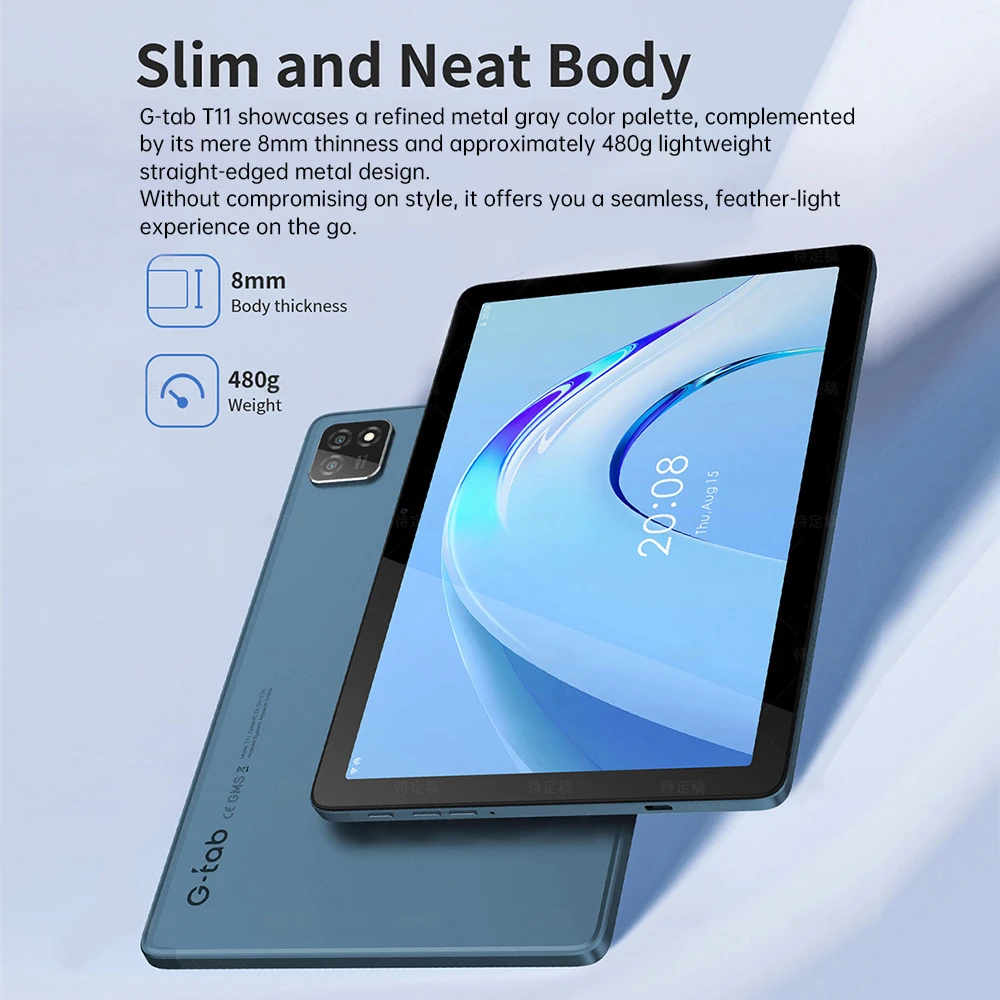 Tablette Android 14 G-tab T11, écran IPS 10,1 pouces 1280 x 800, processeur Unisoc T606 8 cœurs, 1,6 GHz max., 8 Go de RAM (4 Go + 4 Go d'extension), 128 Go de ROM, Wi-Fi 2,4/5 GHz, Bluetooth 5.0, batterie 6580 mAh, appareil photo 8 Mpx + 13 Mpx, double connectivité 4G LTE, Widevine L1 - Gris