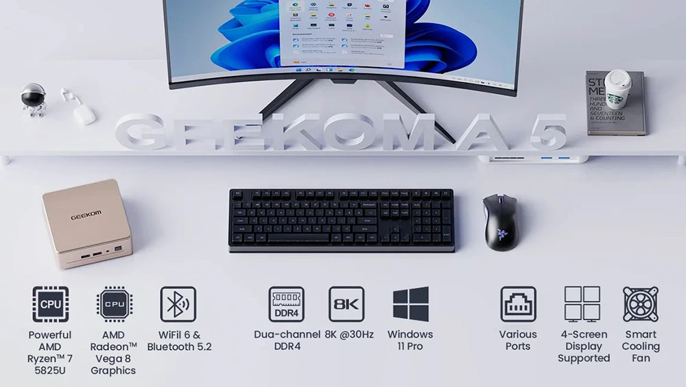 Mini PC GEEKOM A5, AMD Ryzen 7 5825U 8 núcleos máx. 4.5 GHz, 16 GB de RAM, 512 GB de SSD, WiFi 6 Bluetooth 5.2, 2 HDMI (4K) + 2 USB 3.2 tipo C (8K), pantalla cuádruple, 3 USB 3.2 tipo A, 1 USB 2.0, 1 RJ2.5 de 45 G, 1 lector de tarjetas SD, 1 conector para auriculares