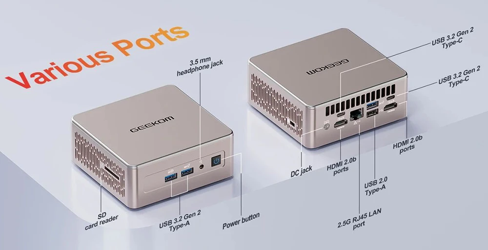 Mini PC GEEKOM A5, AMD Ryzen 7 5825U 8 núcleos máx. 4.5 GHz, 16 GB de RAM, 512 GB de SSD, WiFi 6 Bluetooth 5.2, 2 HDMI (4K) + 2 USB 3.2 tipo C (8K), pantalla cuádruple, 3 USB 3.2 tipo A, 1 USB 2.0, 1 RJ2.5 de 45 G, 1 lector de tarjetas SD, 1 conector para auriculares