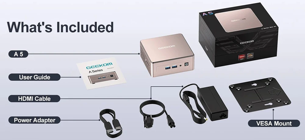Mini PC GEEKOM A5, AMD Ryzen 7 5825U 8 núcleos máx. 4.5 GHz, 16 GB de RAM, 512 GB de SSD, WiFi 6 Bluetooth 5.2, 2 HDMI (4K) + 2 USB 3.2 tipo C (8K), pantalla cuádruple, 3 USB 3.2 tipo A, 1 USB 2.0, 1 RJ2.5 de 45 G, 1 lector de tarjetas SD, 1 conector para auriculares