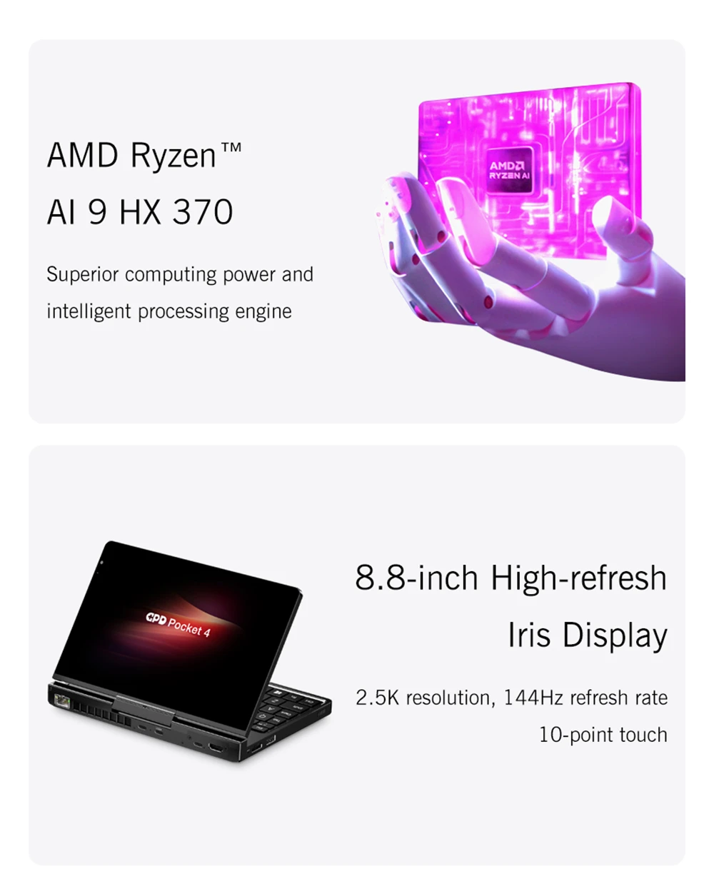 GPD Pocket 4 Handheld Laptop, 8.8'' 2560*1600 Touchscreen, 144Hz Refresh Rate, AMD Ryzen AI 9 HX 370 12 Cores Max 5.1GHz, 32GB RAM 2TB SSD, WiFi6E Bluetooth5.3, 1*USB4, 1*HDMI, 1*Full-Featured USB-C, 1*USB3.2, 1*USB2.0, 1*microSD, 1*RJ45 - US Plug