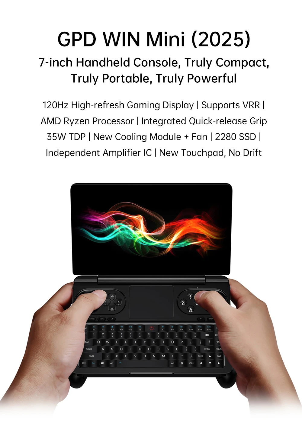 GPD WIN Mini (2025) Handheld Game Console, 7'' 1920x1080 Screen, AMD Ryzen AI 9 HX 370 12 Cores Max 5.1GHz, 120Hz, 32GB LPDDR5x RAM 2TB SSD, WiFi6E Bluetooth5.3, Hyper-Linear Speakers, 1*USB4, 1*USB3.2 Type-C, 1*USB Type-A, 1*MicroSD - White, US Plug