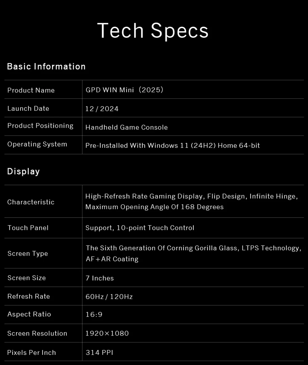 GPD WIN Mini (2025) Handheld Game Console, 7'' 1920x1080 Screen, AMD Ryzen AI 9 HX 370 12 Cores Max 5.1GHz, 120Hz, 32GB LPDDR5x RAM 2TB SSD, WiFi6E Bluetooth5.3, Hyper-Linear Speakers, 1*USB4, 1*USB3.2 Type-C, 1*USB Type-A, 1*MicroSD - White, US Plug