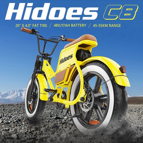 „Hidoes C8“ elektrinis dviratis, 700 W variklis, 48 ​​V 17 Ah akumuliatorius, 20 x 4,0 colių storio padangos, maksimalus greitis 40 km/h, nuvažiuojamas atstumas 55 km, priekiniai ir galiniai diskiniai stabdžiai, hidraulinė spyruoklinė amortizacija, „Shimano“ 7 pavarų dėžė