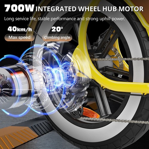 „Hidoes C8“ elektrinis dviratis, 700 W variklis, 48 ​​V 17 Ah akumuliatorius, 20 x 4,0 colių storio padangos, maksimalus greitis 40 km/h, nuvažiuojamas atstumas 55 km, priekiniai ir galiniai diskiniai stabdžiai, hidraulinė spyruoklinė amortizacija, „Shimano“ 7 pavarų dėžė