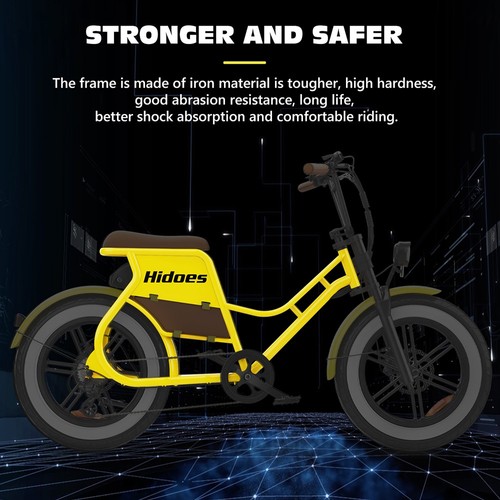 „Hidoes C8“ elektrinis dviratis, 700 W variklis, 48 ​​V 17 Ah akumuliatorius, 20 x 4,0 colių storio padangos, maksimalus greitis 40 km/h, nuvažiuojamas atstumas 55 km, priekiniai ir galiniai diskiniai stabdžiai, hidraulinė spyruoklinė amortizacija, „Shimano“ 7 pavarų dėžė