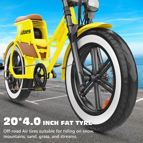 „Hidoes C8“ elektrinis dviratis, 700 W variklis, 48 ​​V 17 Ah akumuliatorius, 20 x 4,0 colių storio padangos, maksimalus greitis 40 km/h, nuvažiuojamas atstumas 55 km, priekiniai ir galiniai diskiniai stabdžiai, hidraulinė spyruoklinė amortizacija, „Shimano“ 7 pavarų dėžė