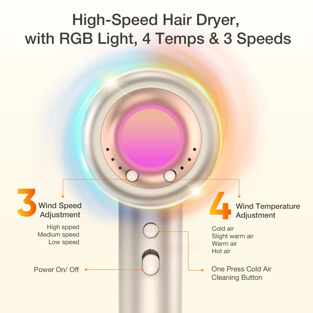 MOOSOO H2 High-Speed Hair Dryer, Negative Ionic Blow Dryer with 110, 000 RPM Brushless Motor for Fast Drying, Low Noise, Thermo-Control, RGB Light, for Home, Travel
