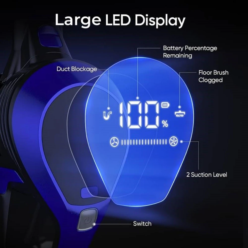 MOOSOO XC1 Cordless Vacuum Cleaner, 20kPa Suction, with LED Display, Max. 45min Runtime, 6 In 1 High Suction Stick Vacuum Cleaner with Wall Mount Charger, for Hard Floor Pet Hair Carpet, Home & Car Use