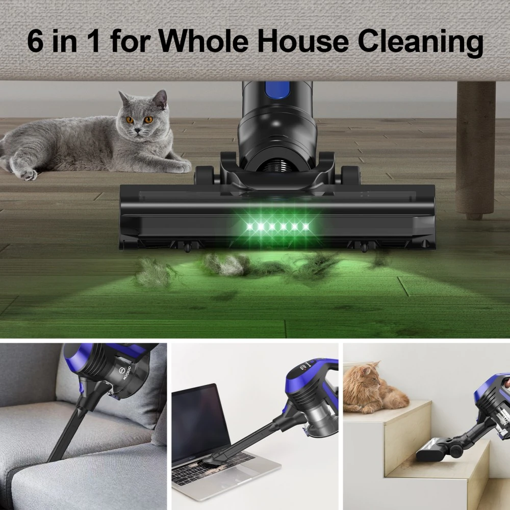 MOOSOO XC1 Cordless Vacuum Cleaner, 20kPa Suction, with LED Display, Max. 45min Runtime, 6 In 1 High Suction Stick Vacuum Cleaner with Wall Mount Charger, for Hard Floor Pet Hair Carpet, Home & Car Use