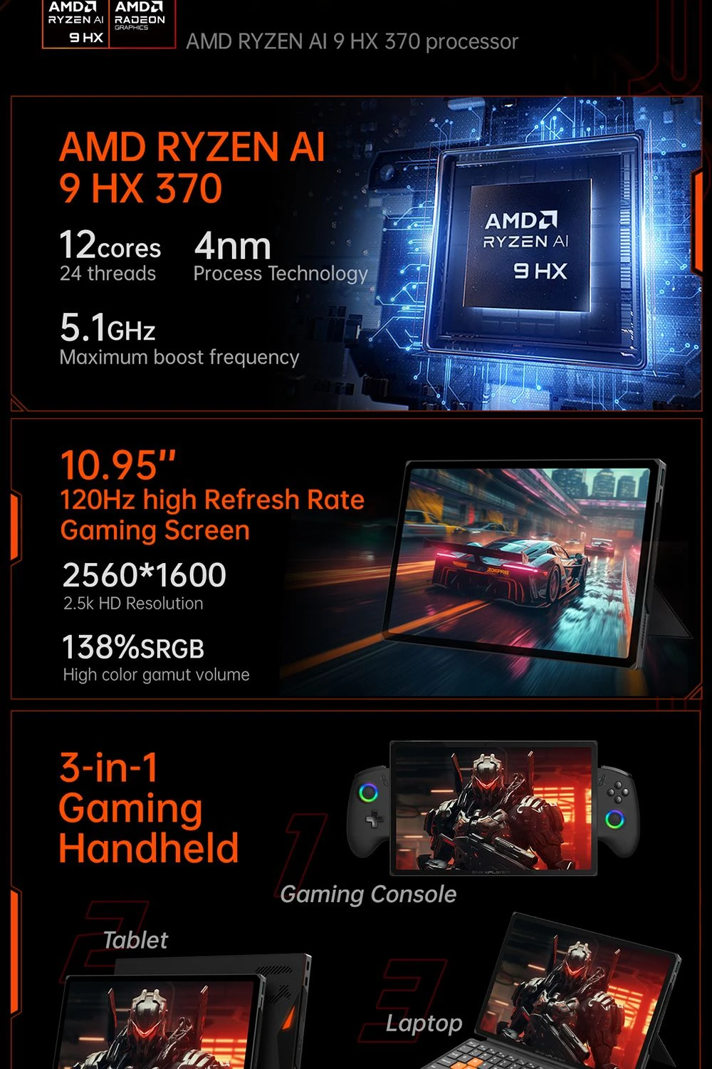 One Netbook OneXPlayer X1 Pro Handheld Gaming PC, AMD Ryzen AI 9 HX 370 12 Cores Max 5.1GHz, 10.95'' 2560*1600 120Hz LTPS Screen, 32GB LPDDR5x 7500MHz RAM 2TB SSD, 2*USB-C, 1*USB3.2, 1*TF Card, 1* Oculink, 1*3.5mm Audio, Harman Sound System - EU Plug