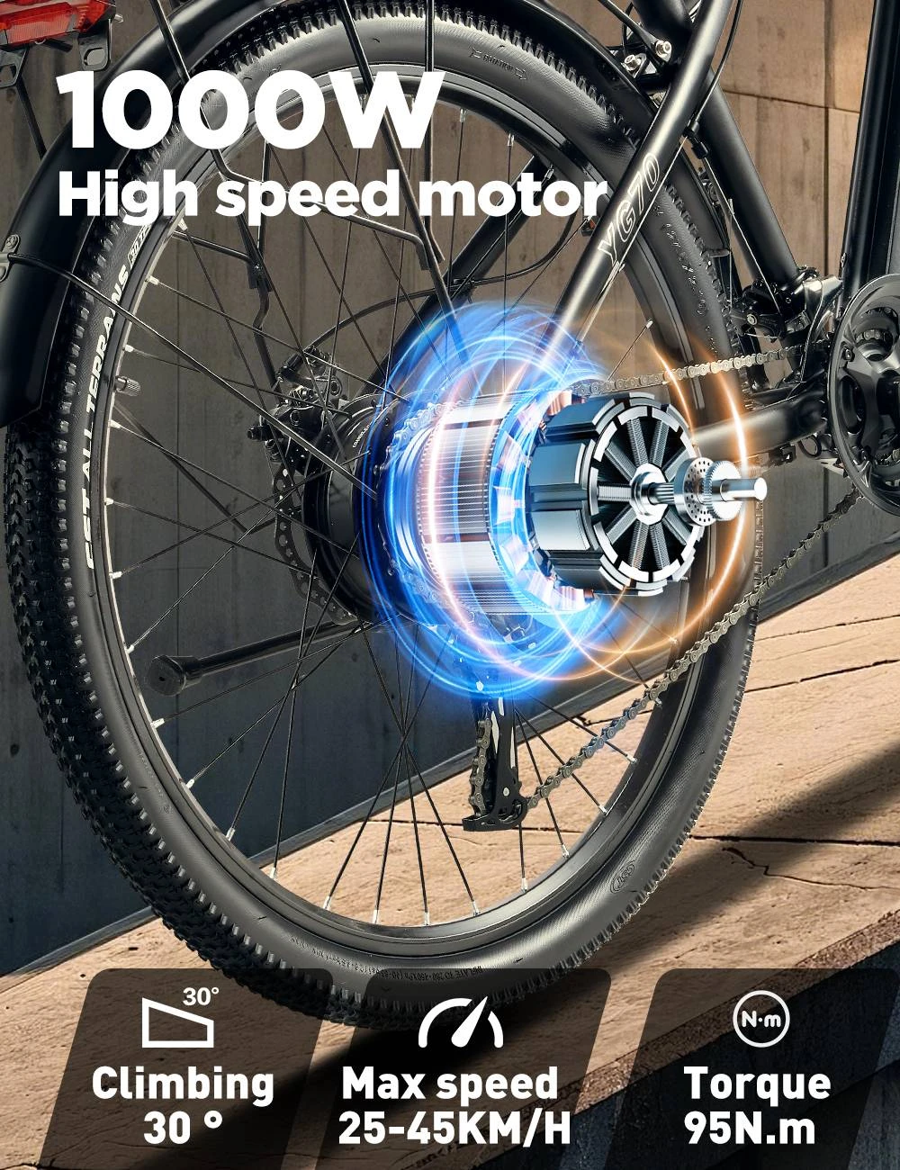 RANDRIDE YG70 Electric Bike, 1000W Motor, 48V 14Ah Battery, 27.5*1.95 inch Tire, 45km/h Max Speed, 50km Range, Mechanical Brake, Front Fork Suspension, 27 Speed, LCD Display