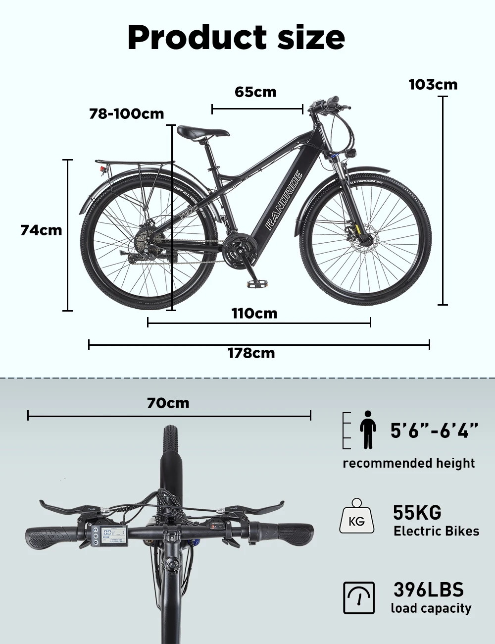 RANDRIDE YG70 Electric Bike, 1000W Motor, 48V 14Ah Battery, 27.5*1.95 inch Tire, 45km/h Max Speed, 50km Range, Mechanical Brake, Front Fork Suspension, 27 Speed, LCD Display