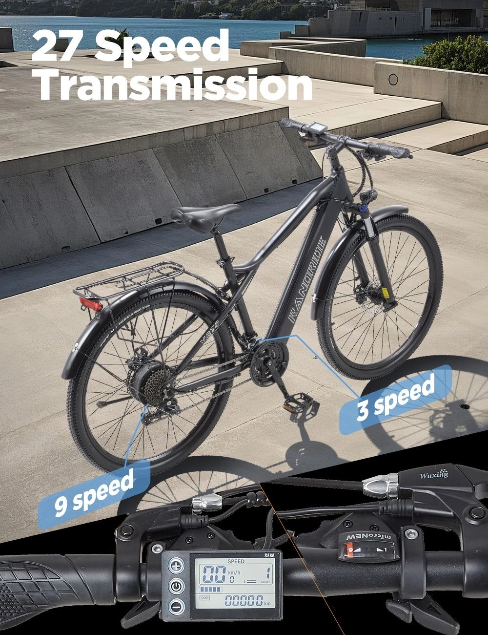 RANDRIDE YG70 Electric Bike, 1000W Motor, 48V 14Ah Battery, 27.5*1.95 inch Tire, 45km/h Max Speed, 50km Range, Mechanical Brake, Front Fork Suspension, 27 Speed, LCD Display