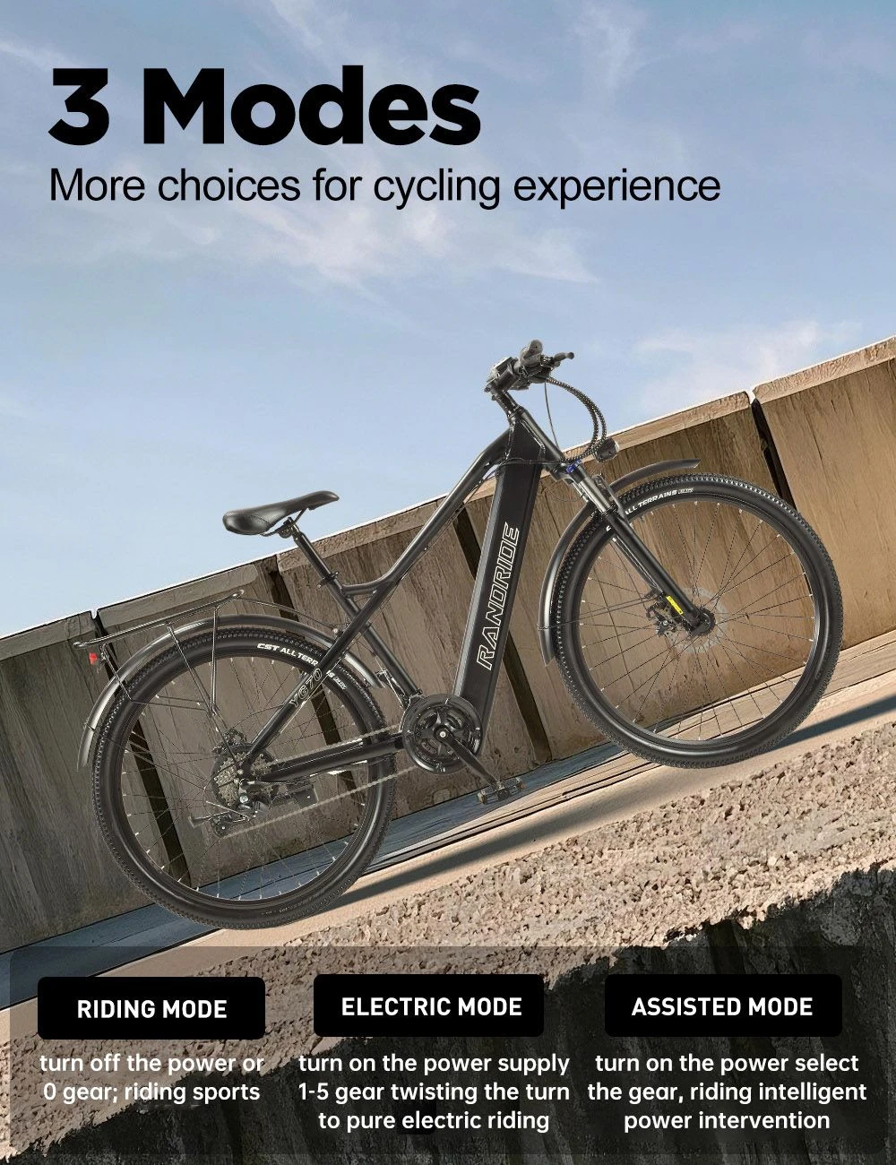 RANDRIDE YG70 Electric Bike, 1000W Motor, 48V 14Ah Battery, 27.5*1.95 inch Tire, 45km/h Max Speed, 50km Range, Mechanical Brake, Front Fork Suspension, 27 Speed, LCD Display