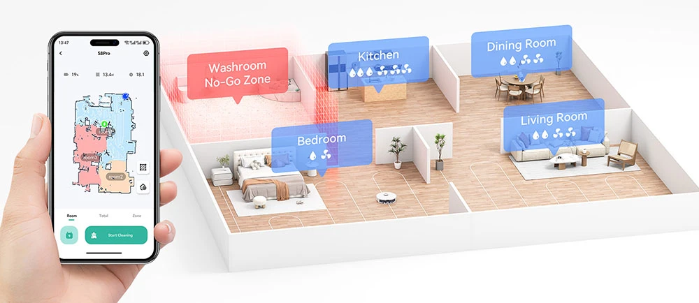 Ηλεκτρική σκούπα ρομπότ Tesvor S8 Pro 2 σε 1 με λειτουργία σκουπίσματος, αναρρόφηση 6000Pa, πλοήγηση LiDAR, χρόνος λειτουργίας 240 λεπτά, έλεγχος APP/Alexa