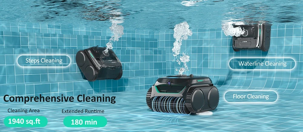 WYBOT C2 Vision Cordless Pool Robot Vacuum, Debris Detection with AI Camera, 8-in-1 Master Cleaning, Two-Layer Filtration, Brushless Motors for Powerful Suction, for Pools up to 1940Sq.ft, Black Green
