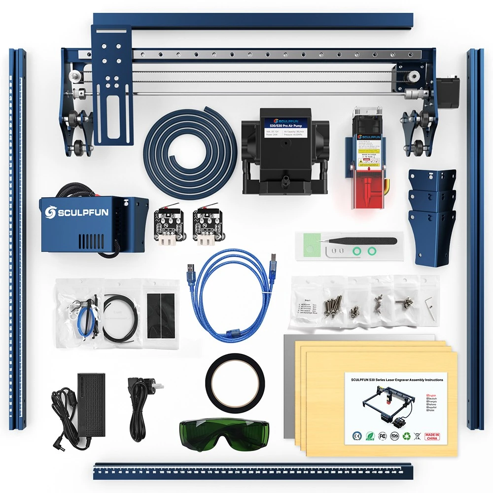 SCULPFUN S30 Pro 10W Laser Engraver Cutter, Automatic Air-assist, 0.06x0.08mm Laser Focus, 32-bit Motherboard, Replaceable Lens, 410x400mm, Expandable 935x905mm