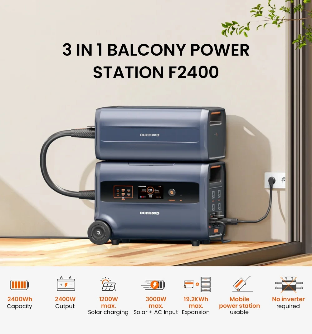 Centrale électrique portable RUNHOOD F2400, batterie LiFePO4 2400 W 2400 Wh, puissance de crête 4800 W, générateur extérieur, système de stockage d'énergie pour balcon