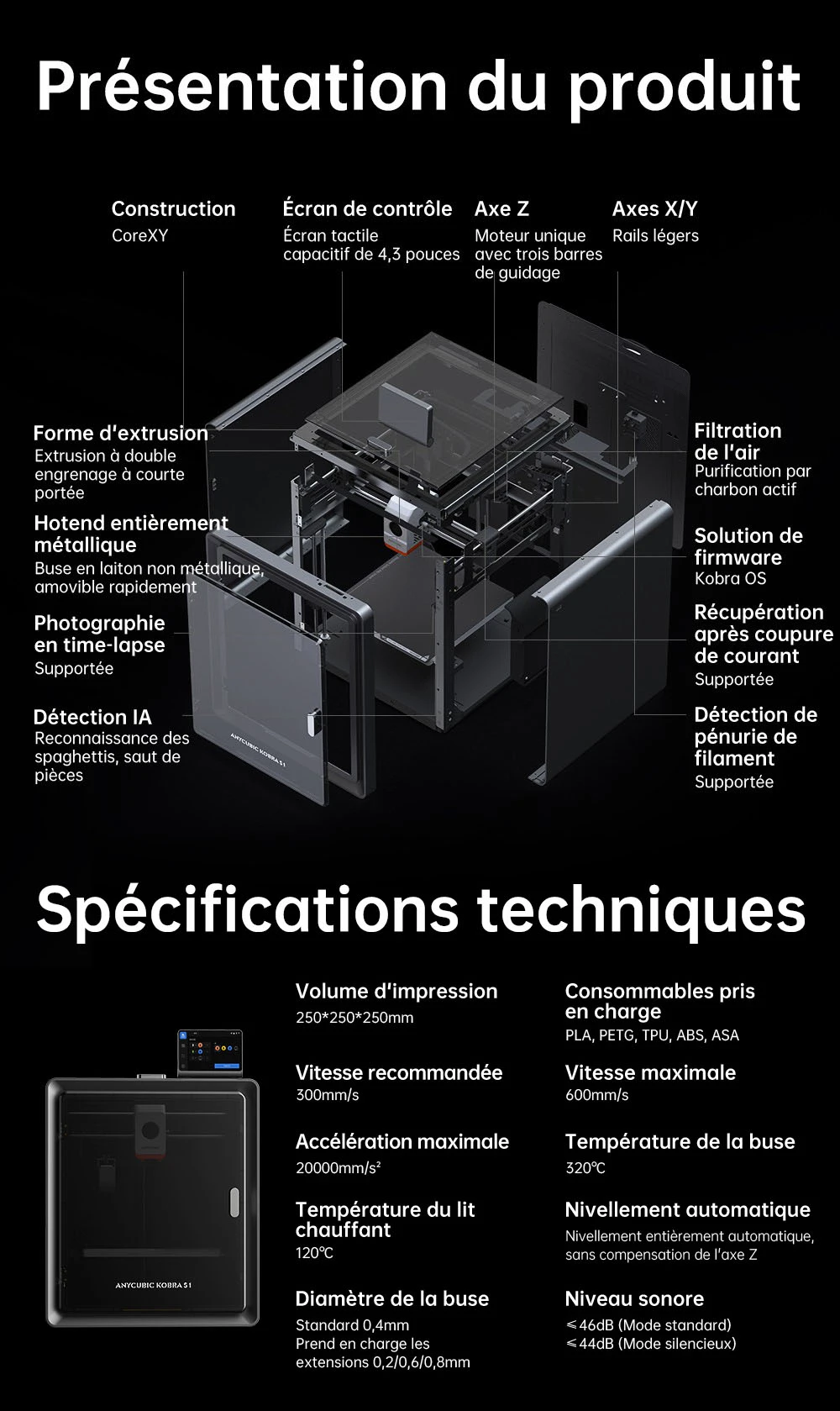 Imprimante 3D ANYCUBIC KOBRA S1 COMBO, impression 8 couleurs éclatantes, vitesse ultra-rapide de 600 mm/s, mise à niveau automatique, tête d'impression 320 °C, ultra-silencieuse 44 dB, construction CoreXY, 250 x 250 x 250 mm